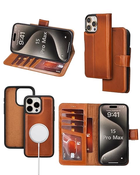 Bayelon Bayelon Leather Wallet Case for iPhone 15 Pro Max Detachable Magnetic Flip Cover Card Holder RFID Blocking Rustic Tan