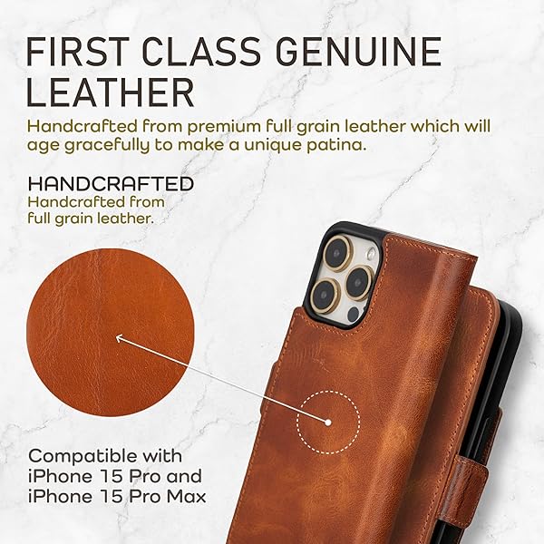 Bayelon Bayelon Leather Wallet Case for iPhone 15 Pro Max Detachable Magnetic Flip Cover Card Holder RFID Blocking Vintage Brown - View 4 of 11