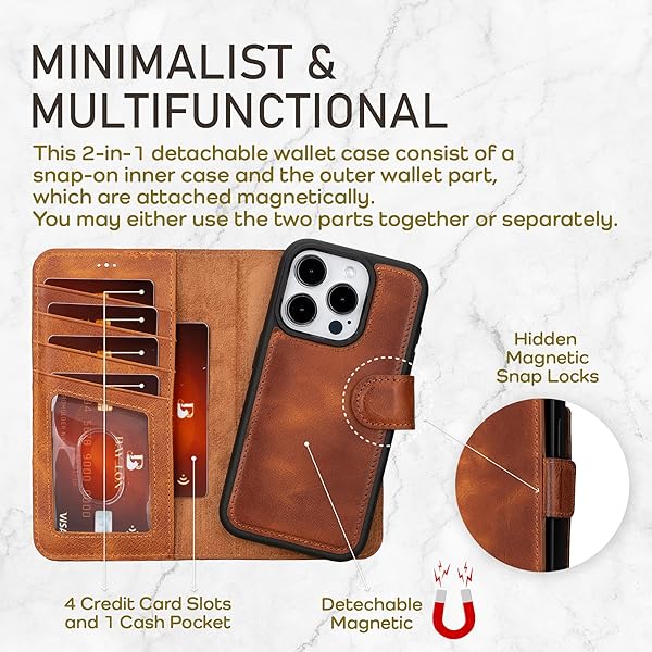 Bayelon Bayelon Leather Wallet Case for iPhone 15 Pro Max Detachable Magnetic Flip Cover Card Holder RFID Blocking Vintage Brown - View 5 of 11