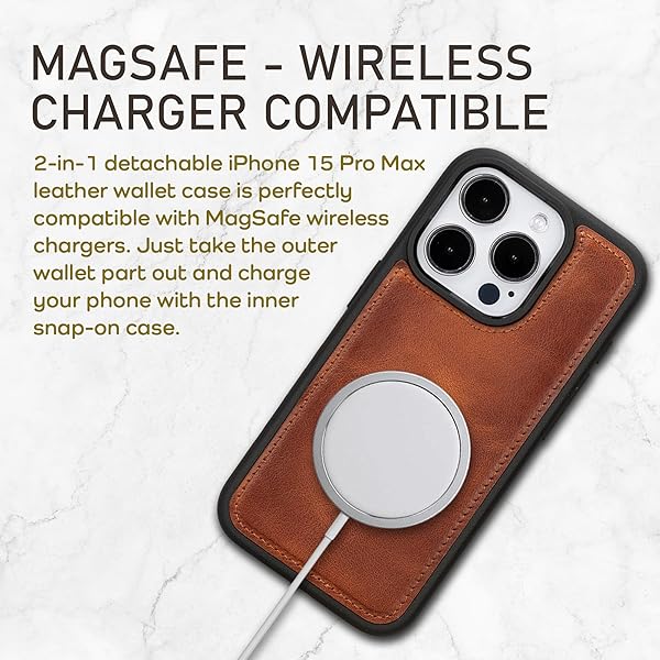 Bayelon Bayelon Leather Wallet Case for iPhone 15 Pro Max Detachable Magnetic Flip Cover Card Holder RFID Blocking Vintage Brown - View 6 of 11