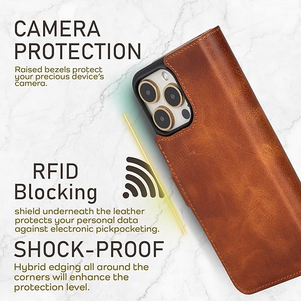 Bayelon Bayelon Leather Wallet Case for iPhone 15 Pro Max Detachable Magnetic Flip Cover Card Holder RFID Blocking Vintage Brown - View 7 of 11