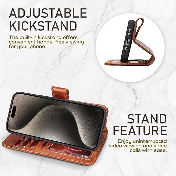 Bayelon Bayelon Leather Wallet Case for iPhone 15 Pro Max Detachable Magnetic Flip Cover Card Holder RFID Blocking Vintage Brown - View 8 of 11