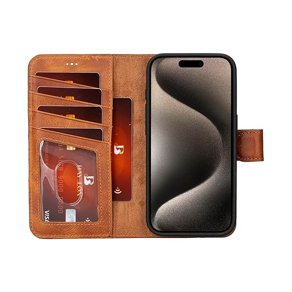 Bayelon Bayelon Leather Wallet Case for iPhone 15 Pro Max Detachable Magnetic Flip Cover Card Holder RFID Blocking Vintage Brown - View 9 of 11