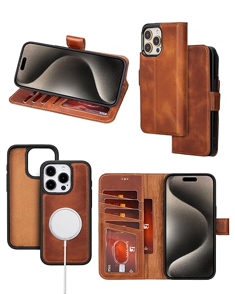 Bayelon Bayelon Leather Wallet Case for iPhone 15 Pro Max Detachable Magnetic Flip Cover Card Holder RFID Blocking Vintage Brown - View 3 of 11