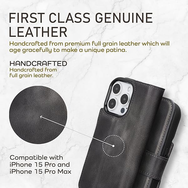 Bayelon Bayelon iPhone 15 Pro Wallet Case Full Grain Leather Detachable Magnetic Flip Folio Cover Card Holder MagSafe Compatible RFID Blocking Smoked Black - View 4 of 11