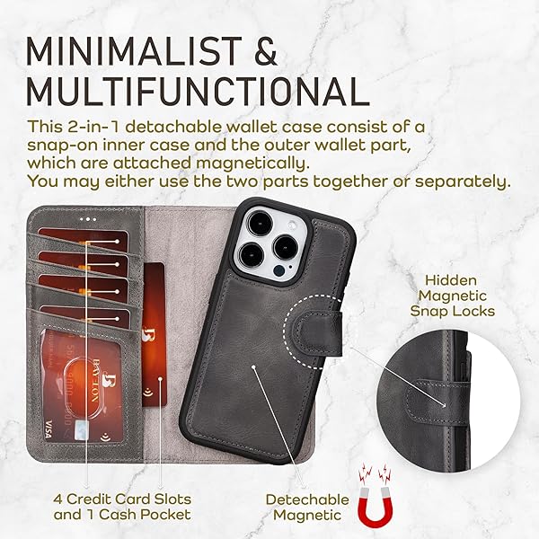 Bayelon Bayelon iPhone 15 Pro Wallet Case Full Grain Leather Detachable Magnetic Flip Folio Cover Card Holder MagSafe Compatible RFID Blocking Smoked Black - View 5 of 11