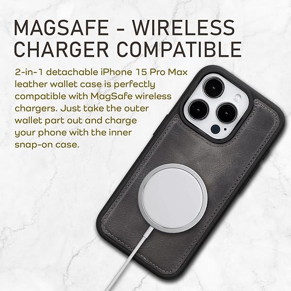 Bayelon Bayelon iPhone 15 Pro Wallet Case Full Grain Leather Detachable Magnetic Flip Folio Cover Card Holder MagSafe Compatible RFID Blocking Smoked Black - View 6 of 11