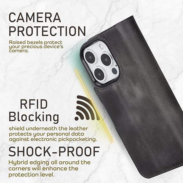 Bayelon Bayelon iPhone 15 Pro Wallet Case Full Grain Leather Detachable Magnetic Flip Folio Cover Card Holder MagSafe Compatible RFID Blocking Smoked Black - View 7 of 11