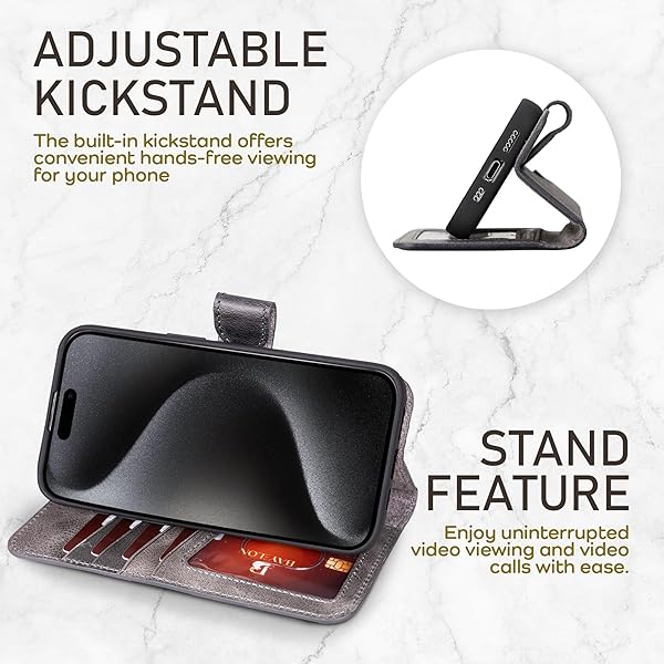 Bayelon Bayelon iPhone 15 Pro Wallet Case Full Grain Leather Detachable Magnetic Flip Folio Cover Card Holder MagSafe Compatible RFID Blocking Smoked Black - View 8 of 11