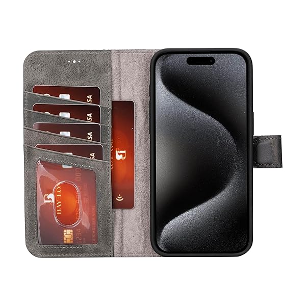 Bayelon Bayelon iPhone 15 Pro Wallet Case Full Grain Leather Detachable Magnetic Flip Folio Cover Card Holder MagSafe Compatible RFID Blocking Smoked Black - View 9 of 11
