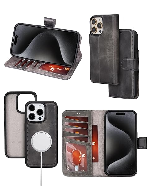 Bayelon Bayelon iPhone 15 Pro Wallet Case Full Grain Leather Detachable Magnetic Flip Folio Cover Card Holder MagSafe Compatible RFID Blocking Smoked Black - View 3 of 11