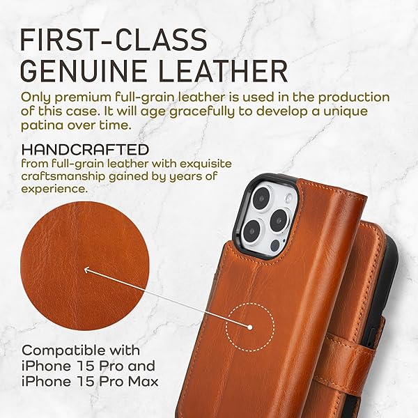Bayelon Bayelon Leather Wallet Case for iPhone 15 Pro with Detachable Card Holder and RFID Blocking in Rustic Tan MagSafe Compatible - View 4 of 11