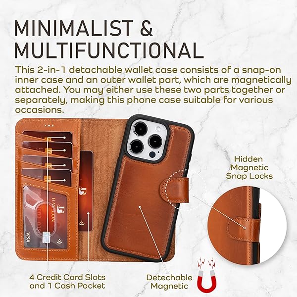 Bayelon Bayelon Leather Wallet Case for iPhone 15 Pro with Detachable Card Holder and RFID Blocking in Rustic Tan MagSafe Compatible - View 5 of 11