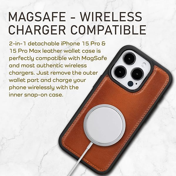 Bayelon Bayelon Leather Wallet Case for iPhone 15 Pro with Detachable Card Holder and RFID Blocking in Rustic Tan MagSafe Compatible - View 6 of 11