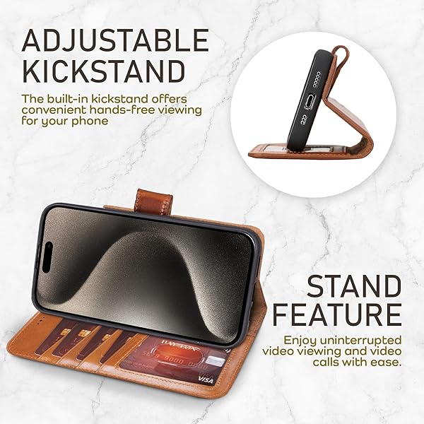 Bayelon Bayelon Leather Wallet Case for iPhone 15 Pro with Detachable Card Holder and RFID Blocking in Rustic Tan MagSafe Compatible - View 8 of 11