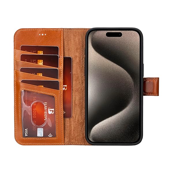 Bayelon Bayelon Leather Wallet Case for iPhone 15 Pro with Detachable Card Holder and RFID Blocking in Rustic Tan MagSafe Compatible - View 9 of 11