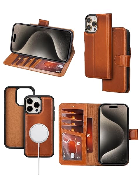 Bayelon Bayelon Leather Wallet Case for iPhone 15 Pro with Detachable Card Holder and RFID Blocking in Rustic Tan MagSafe Compatible - View 3 of 11