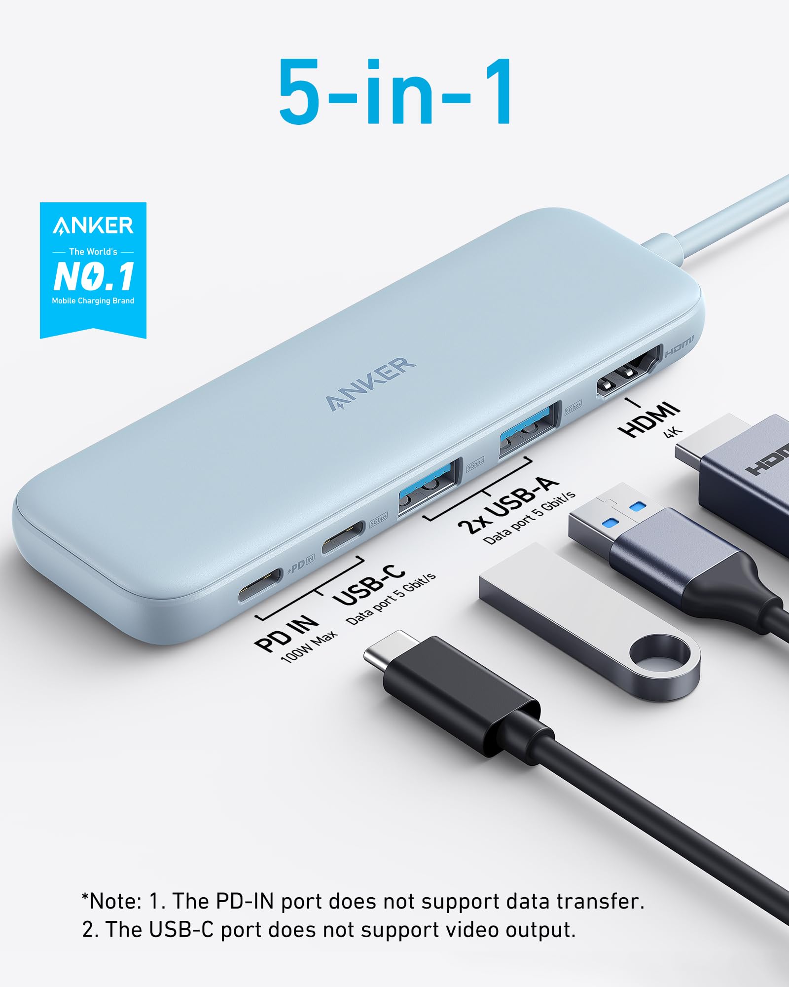 Anker Anker USB C Hub 5-in-1 USBC to HDMI with 4K Display and 5Gbps Data Ports for MacBook Pro Air Dell XPS Lenovo Thinkpad HP Laptops Blue - View 2 of 6