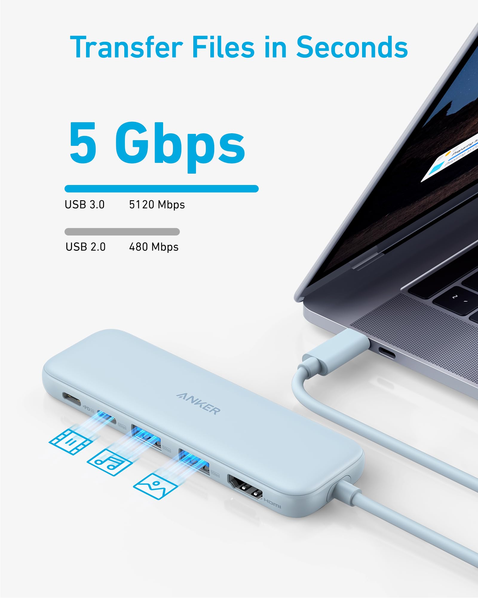 Anker Anker USB C Hub 5-in-1 USBC to HDMI with 4K Display and 5Gbps Data Ports for MacBook Pro Air Dell XPS Lenovo Thinkpad HP Laptops Blue - View 4 of 6