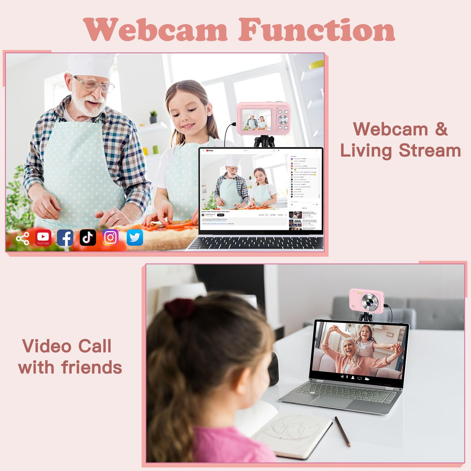 Sevenat FHD 1080P 44MP Kids Digital Camera with 32GB Card Neck Lanyard Compact Portable Point Shoot Camera for Teens in Pink - View 4 of 7