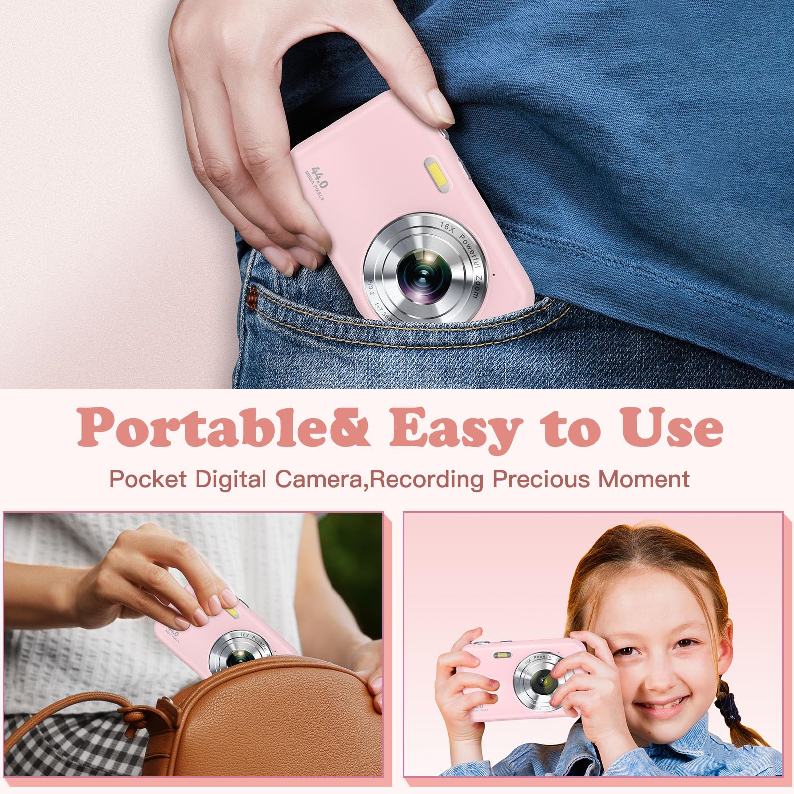 Sevenat FHD 1080P 44MP Kids Digital Camera with 32GB Card Neck Lanyard Compact Portable Point Shoot Camera for Teens in Pink - View 6 of 7