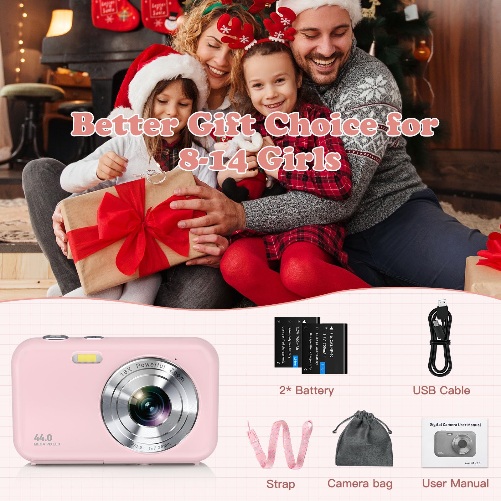Sevenat FHD 1080P 44MP Kids Digital Camera with 32GB Card Neck Lanyard Compact Portable Point Shoot Camera for Teens in Pink - View 7 of 7