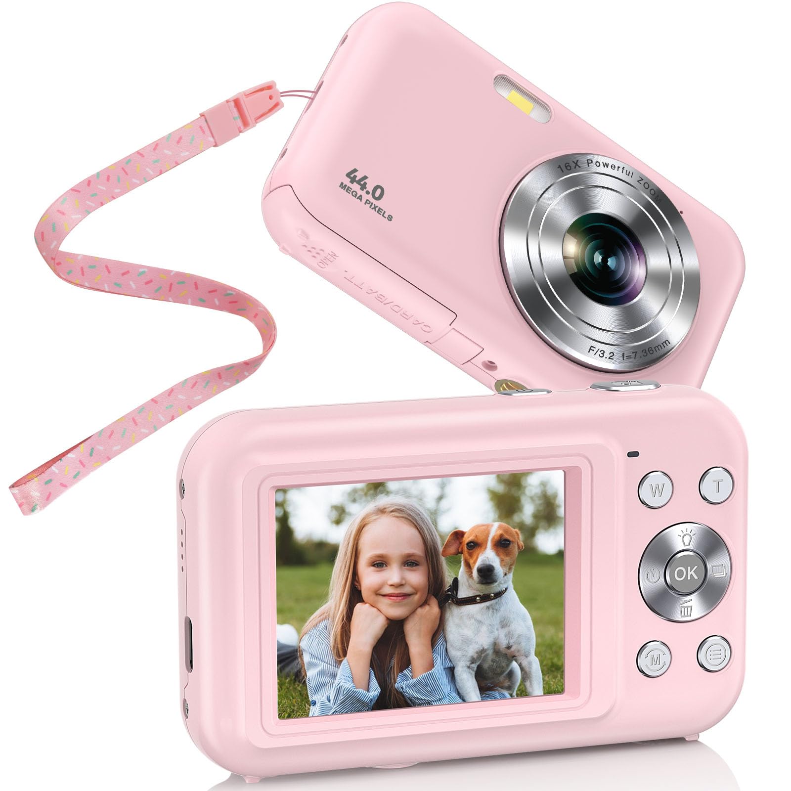 Sevenat FHD 1080P 44MP Kids Digital Camera with 32GB Card Neck Lanyard Compact Portable Point Shoot Camera for Teens in Pink