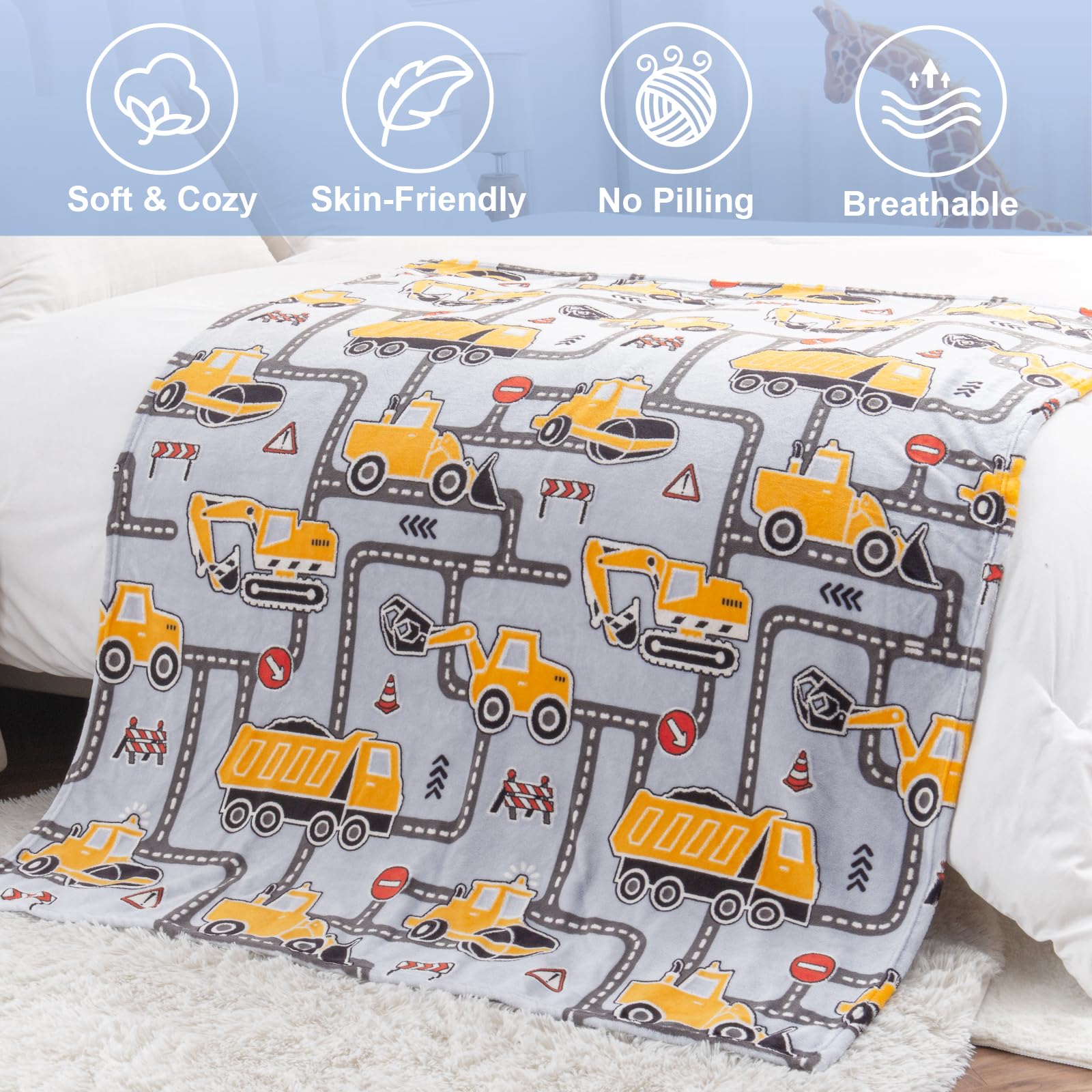 Levens Construction Truck Toys Glow in The Dark Excavator Blanket Birthday Gifts for Boys Age 1-14 Soft Throw 50x60 Decor for Kids and Teens - View 3 of 7