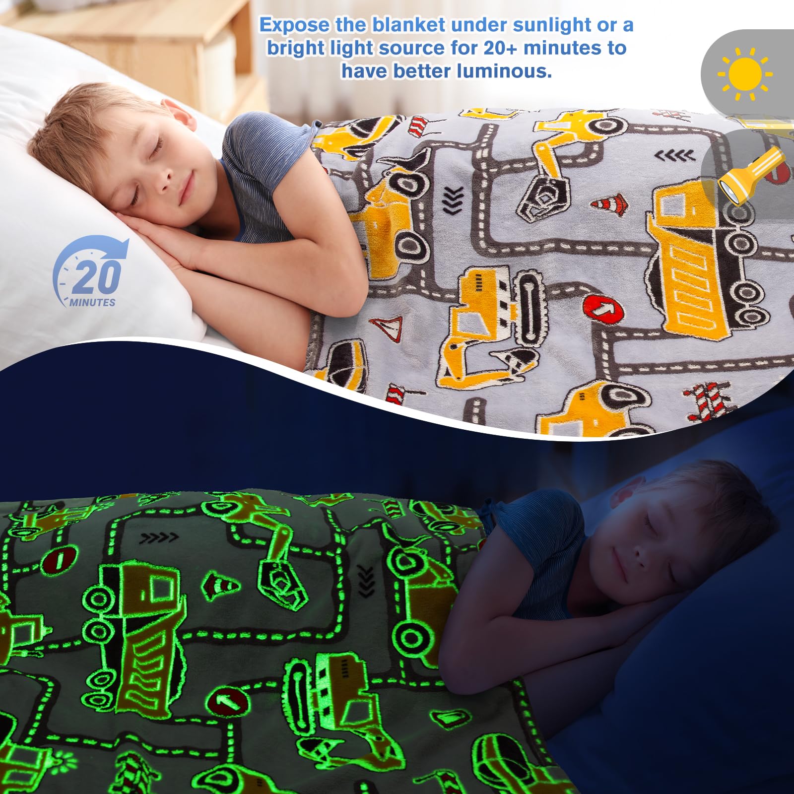 Levens Construction Truck Toys Glow in The Dark Excavator Blanket Birthday Gifts for Boys Age 1-14 Soft Throw 50x60 Decor for Kids and Teens - View 4 of 7