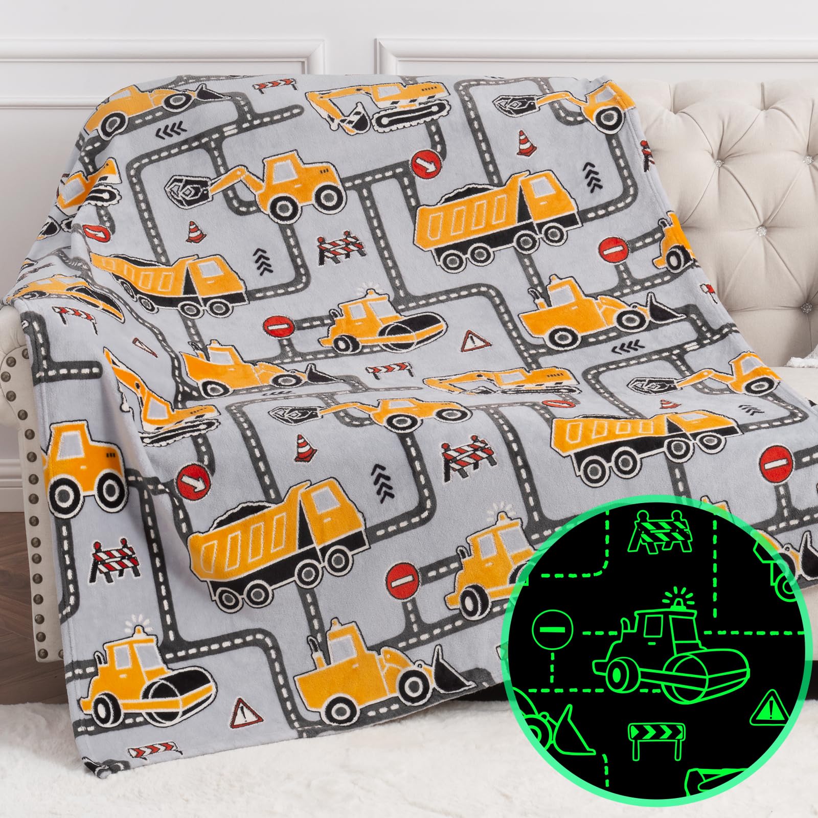 Levens Construction Truck Toys Glow in The Dark Excavator Blanket Birthday Gifts for Boys Age 1-14 Soft Throw 50x60 Decor for Kids and Teens - View 7 of 7