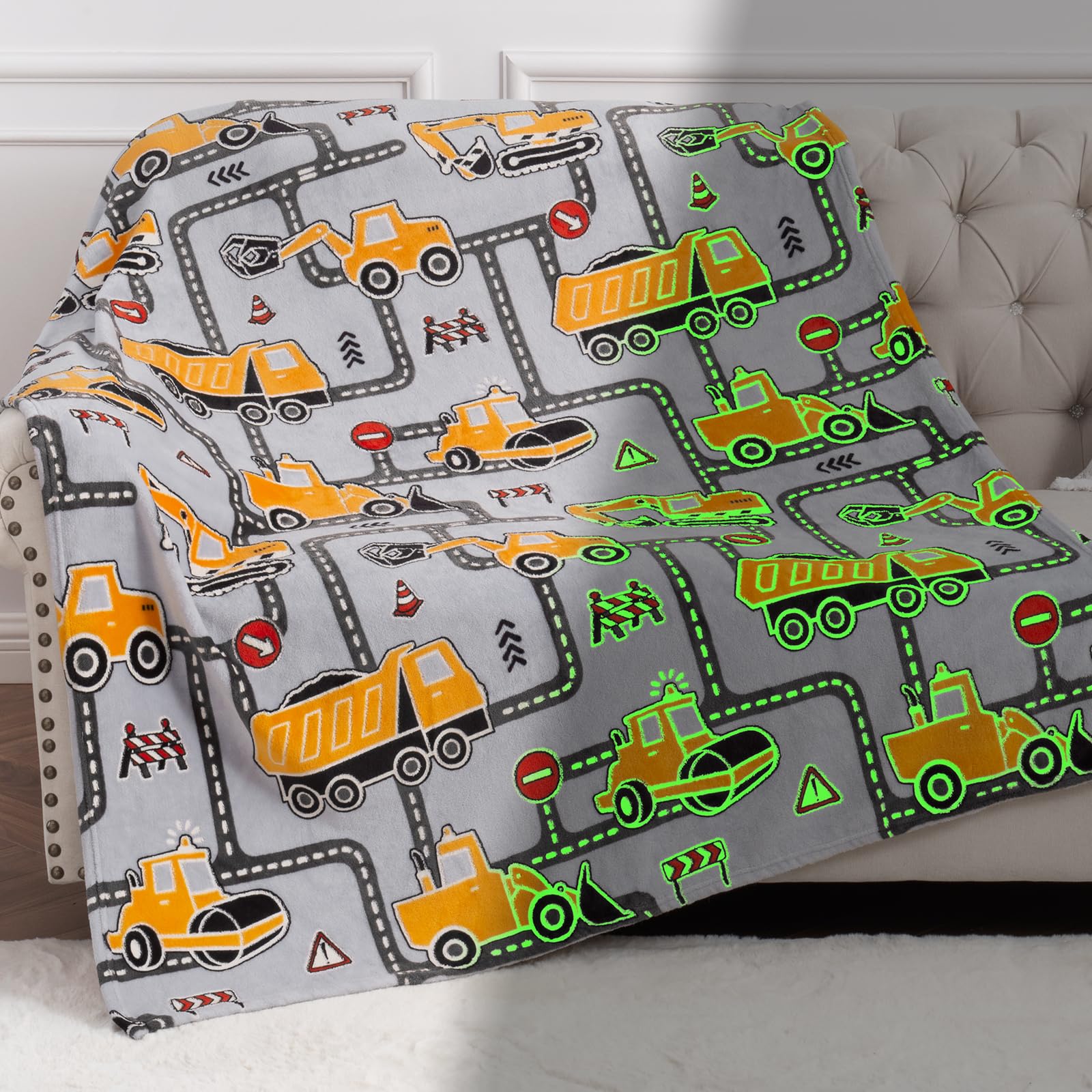 Levens Construction Truck Toys Glow in The Dark Excavator Blanket Birthday Gifts for Boys Age 1-14 Soft Throw 50x60 Decor for Kids and Teens