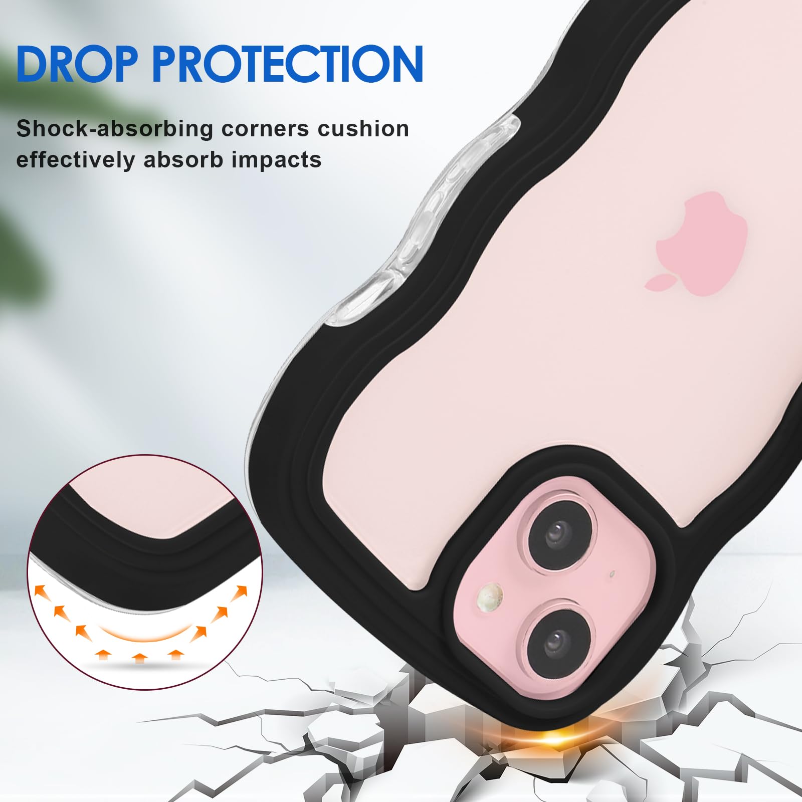 Anuck Anuck iPhone 15 Case Wavy Edge Clear Back Anti-Slip Grip Shockproof Soft TPU Hard Bumper Protective Cover for Women Girls Black - View 2 of 6