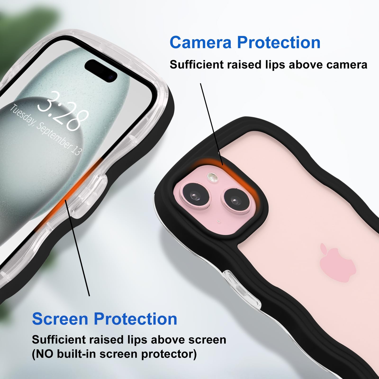 Anuck Anuck iPhone 15 Case Wavy Edge Clear Back Anti-Slip Grip Shockproof Soft TPU Hard Bumper Protective Cover for Women Girls Black - View 3 of 6