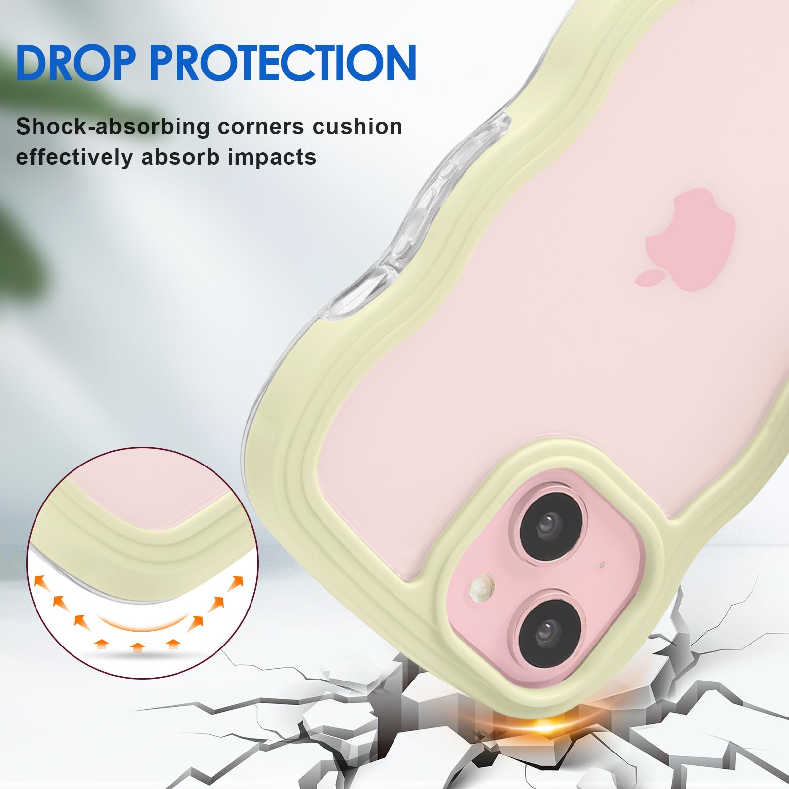 Anuck Anuck iPhone 15 Case Wavy Edge Clear Back Anti-Slip Grip Shockproof Soft TPU Hard Bumper Protective Cover for Women Girls Yellow - View 2 of 6