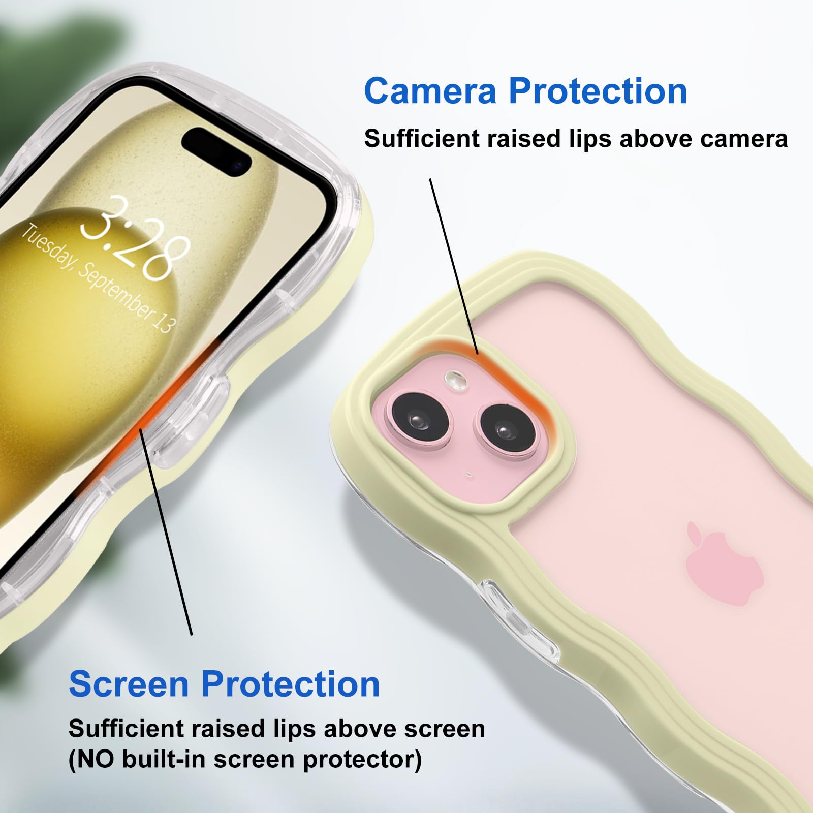 Anuck Anuck iPhone 15 Case Wavy Edge Clear Back Anti-Slip Grip Shockproof Soft TPU Hard Bumper Protective Cover for Women Girls Yellow - View 3 of 6