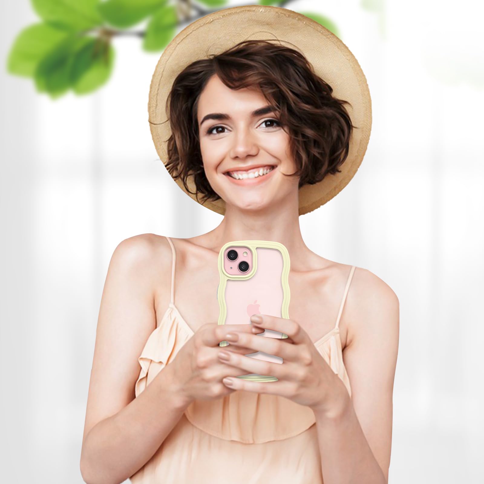 Anuck Anuck iPhone 15 Case Wavy Edge Clear Back Anti-Slip Grip Shockproof Soft TPU Hard Bumper Protective Cover for Women Girls Yellow - View 6 of 6