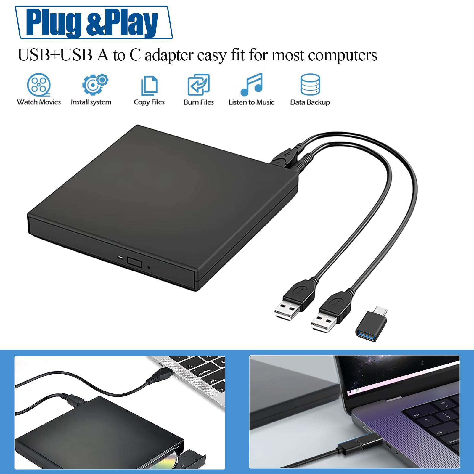 Svemei External CD DVD Drive for Laptop USB Slim Portable Burner Reader Writer for Windows 11 10 8 7 Linux Mac with Type C Adapter - View 3 of 9