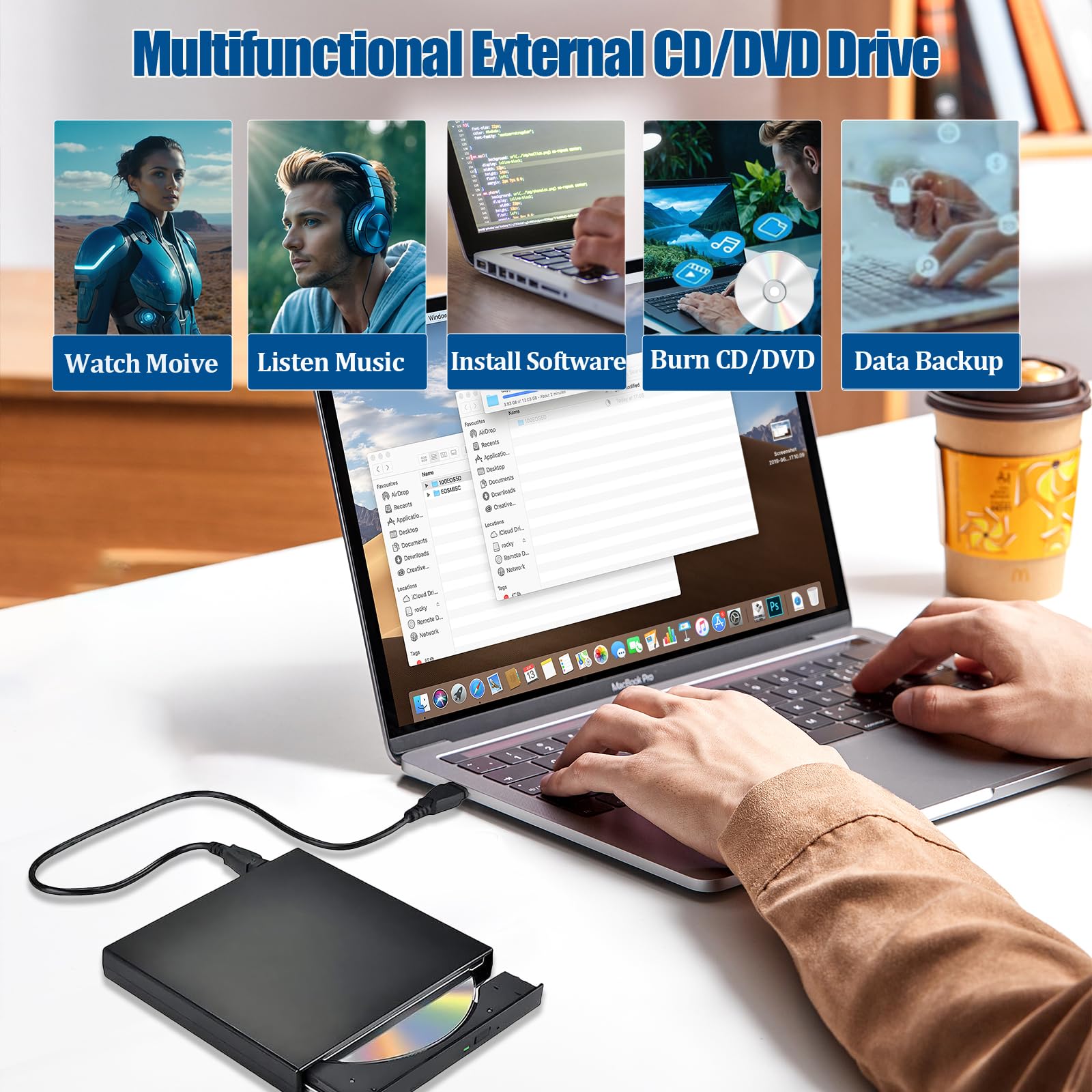 Svemei External CD DVD Drive for Laptop USB Slim Portable Burner Reader Writer for Windows 11 10 8 7 Linux Mac with Type C Adapter - View 4 of 9