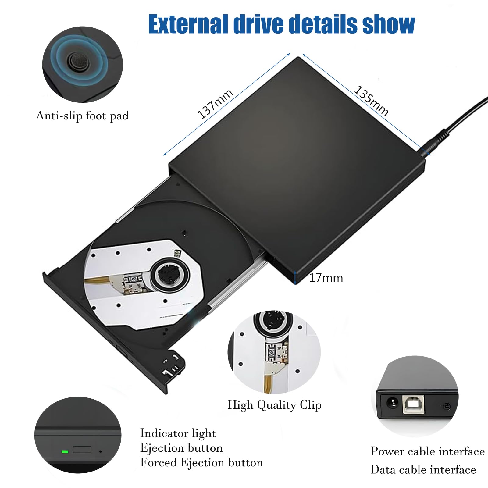 Svemei External CD DVD Drive for Laptop USB Slim Portable Burner Reader Writer for Windows 11 10 8 7 Linux Mac with Type C Adapter - View 5 of 9