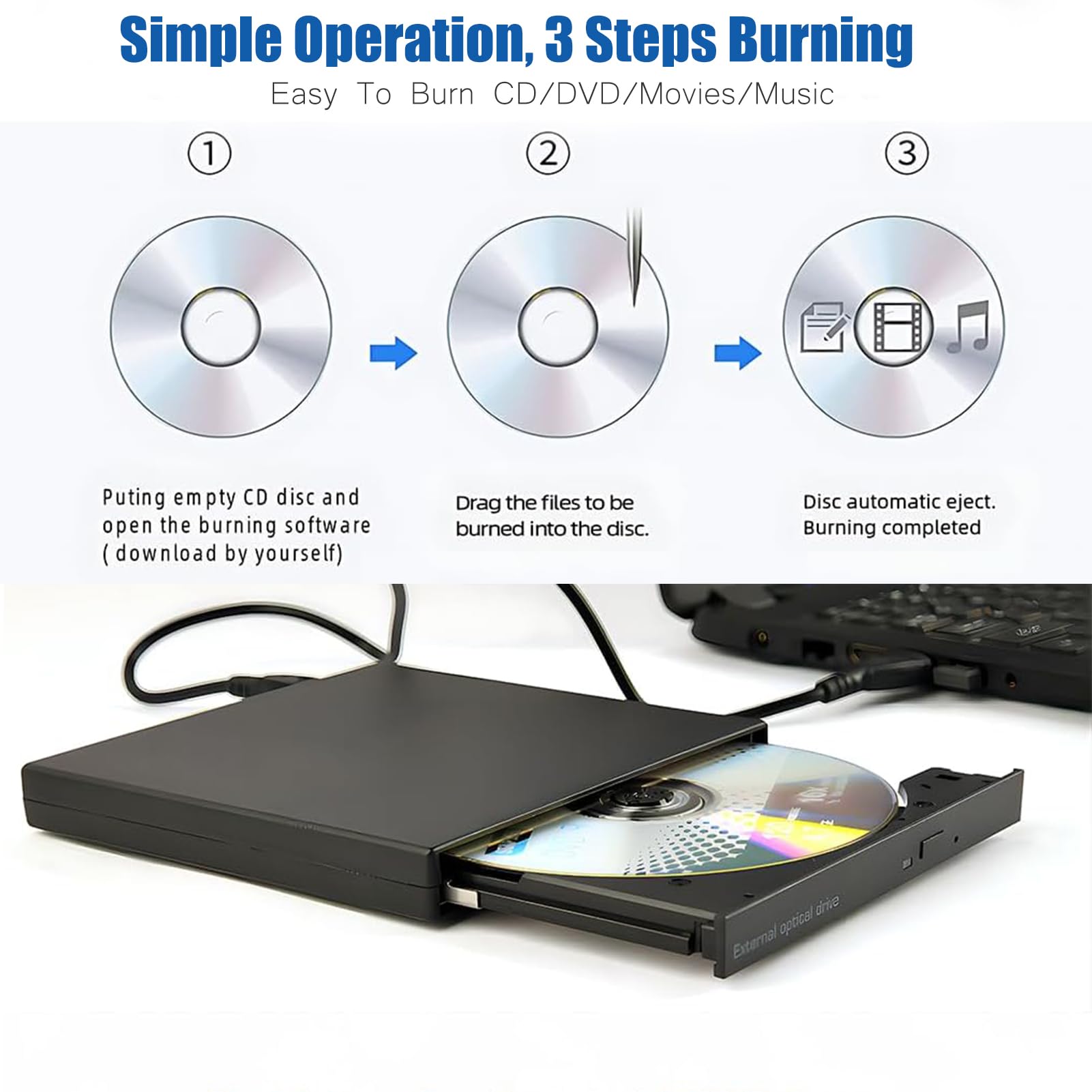 Svemei External CD DVD Drive for Laptop USB Slim Portable Burner Reader Writer for Windows 11 10 8 7 Linux Mac with Type C Adapter - View 7 of 9