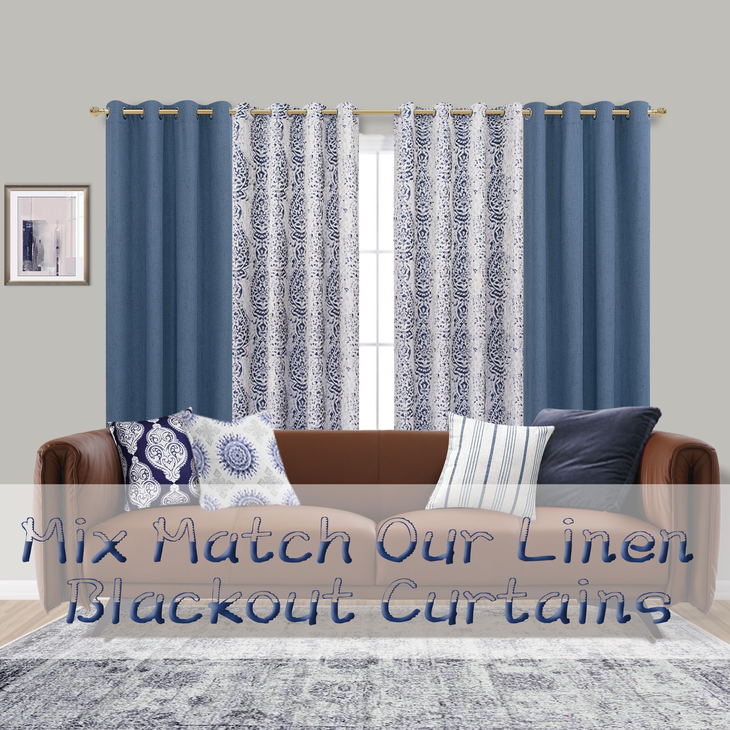 Mrs.Naturall Mrs Naturall Navy Blue Curtains 108 Inches Long Grommet Damask Printed 2 Panels Set for Living Room and Bedroom 9 FT Length - View 2 of 7