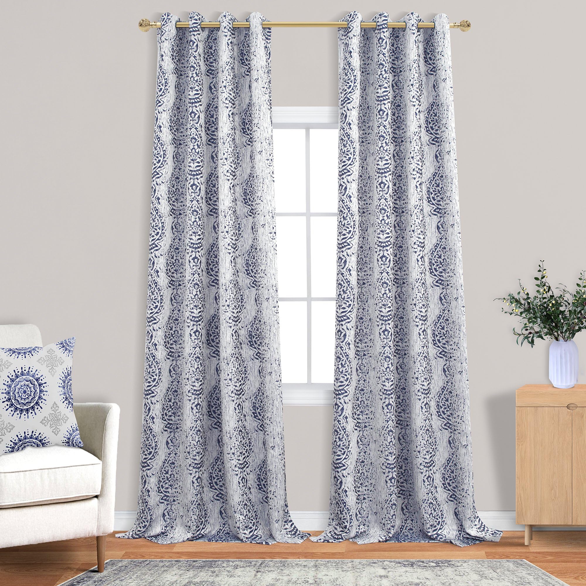 Mrs.Naturall Mrs Naturall Navy Blue Curtains 108 Inches Long Grommet Damask Printed 2 Panels Set for Living Room and Bedroom 9 FT Length - View 4 of 7