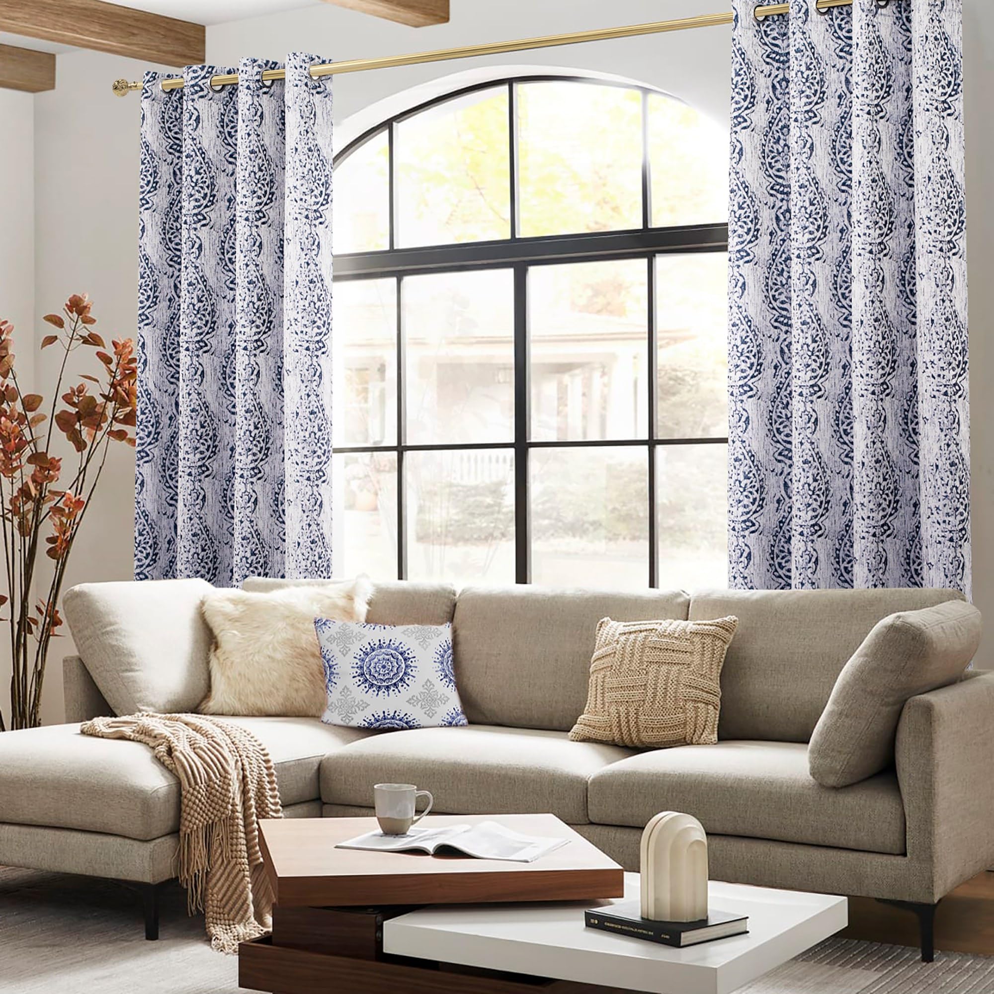 Mrs.Naturall Mrs Naturall Navy Blue Curtains 108 Inches Long Grommet Damask Printed 2 Panels Set for Living Room and Bedroom 9 FT Length - View 5 of 7