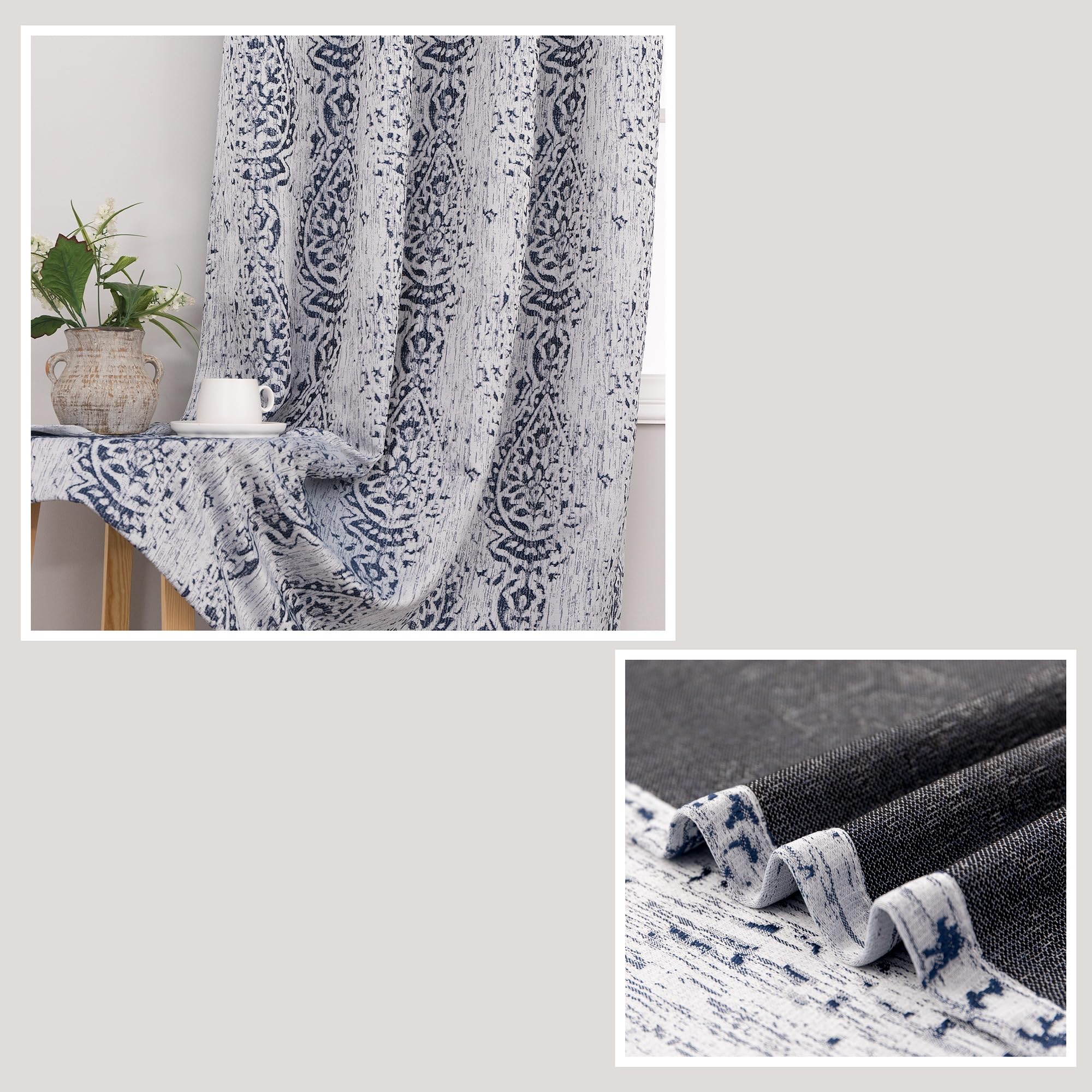 Mrs.Naturall Mrs Naturall Navy Blue Curtains 108 Inches Long Grommet Damask Printed 2 Panels Set for Living Room and Bedroom 9 FT Length - View 6 of 7