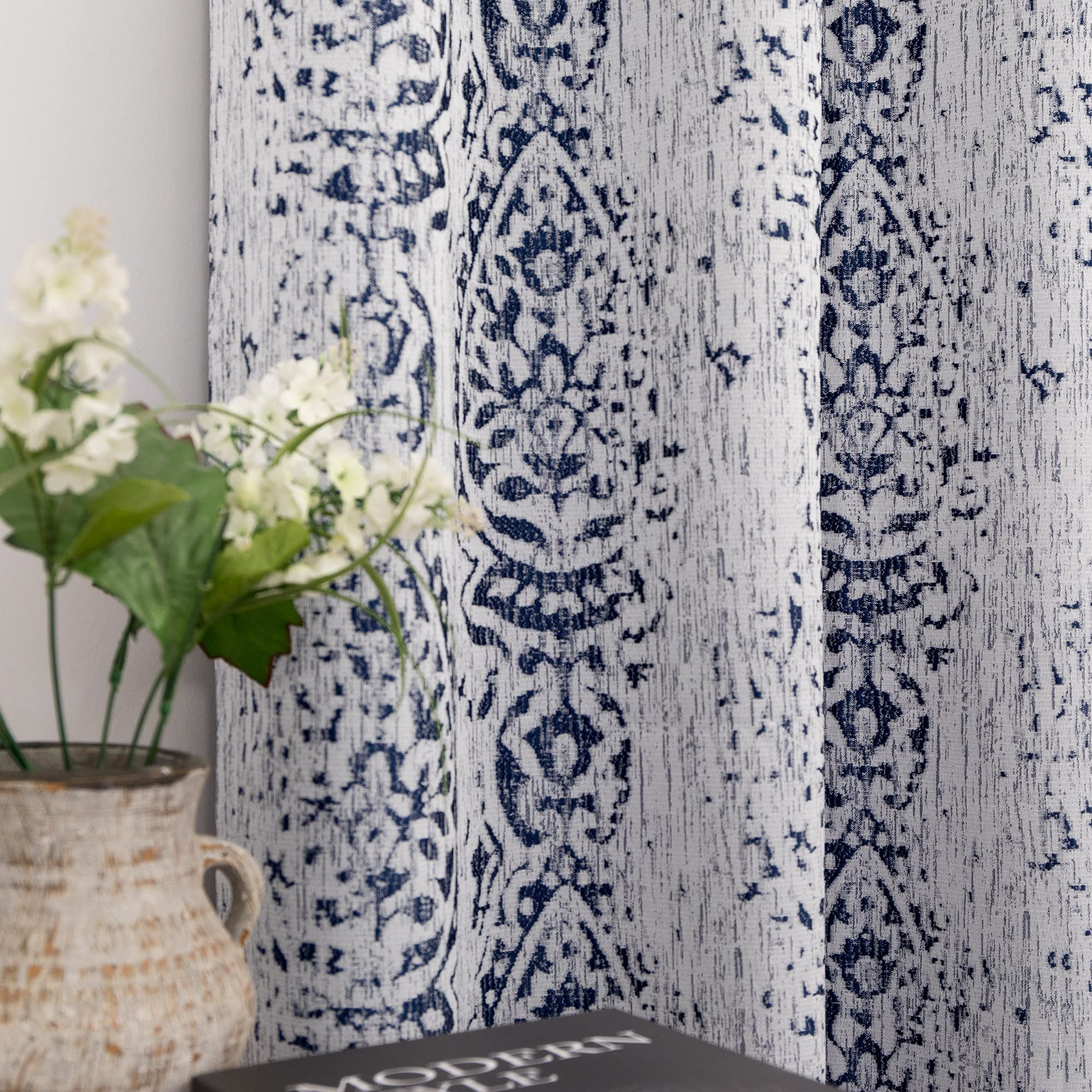 Mrs.Naturall Mrs Naturall Navy Blue Curtains 108 Inches Long Grommet Damask Printed 2 Panels Set for Living Room and Bedroom 9 FT Length