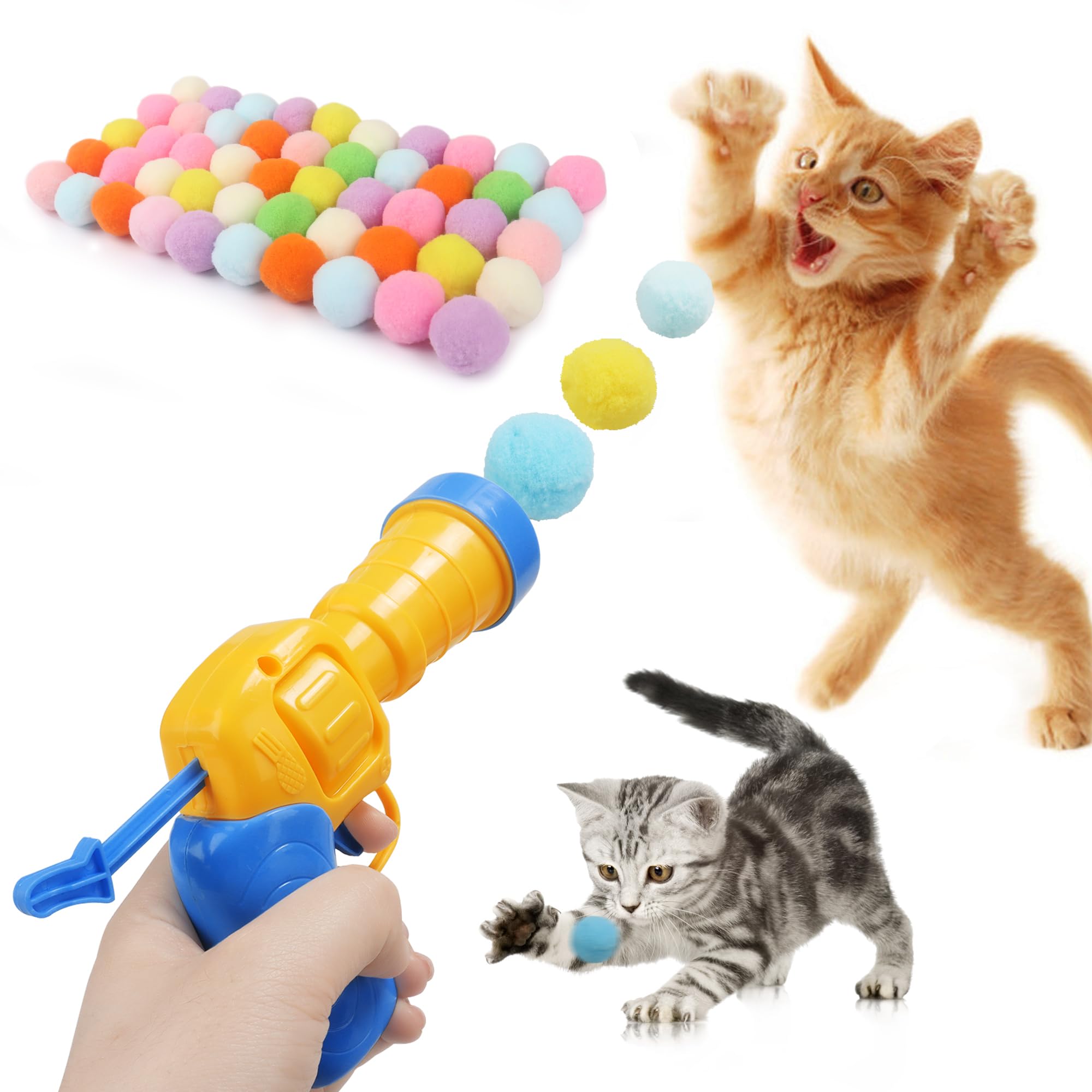 Mewlmart Mewlmart Interactive Cat Launcher Toys Indoor Enrichment Set with 50 Pom-Pom and Puff Balls 1.2IN for Fun Playtime