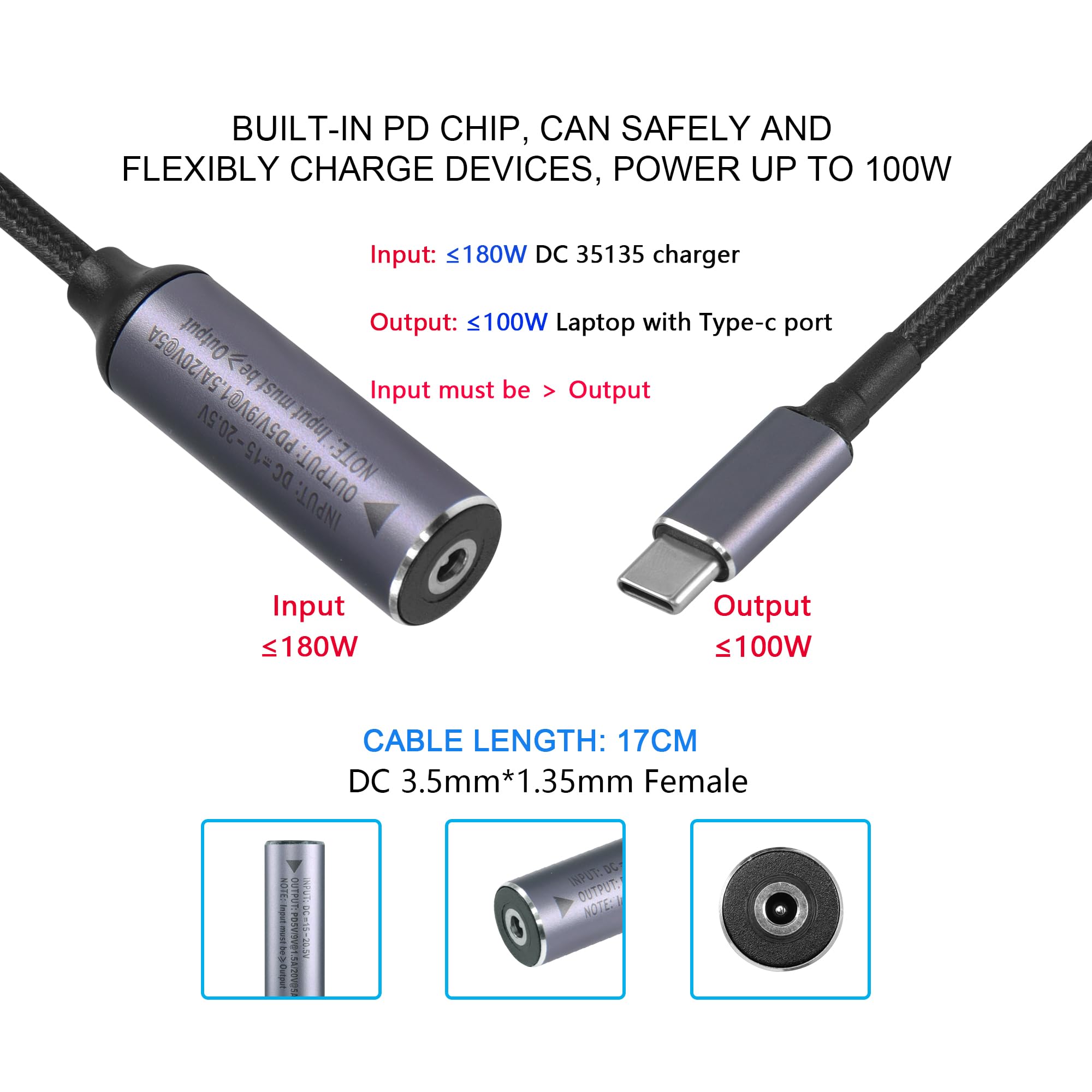 SinLoon SinLoon PD 100W DC 3.5mm x 1.35mm Female to USB Type C Male Power Charging Cable for Phones Tablets Laptops with Automatic Identification Chip - View 2 of 7