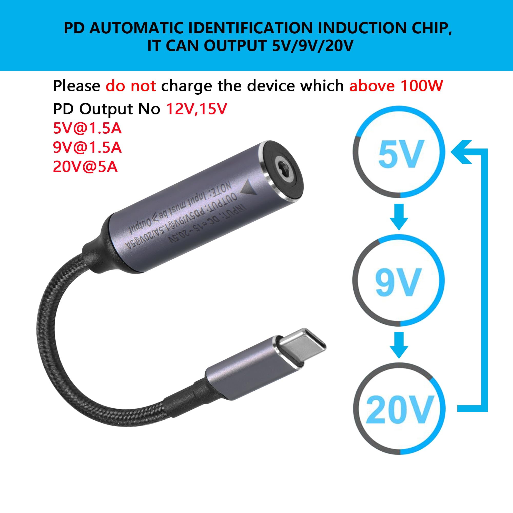 SinLoon SinLoon PD 100W DC 3.5mm x 1.35mm Female to USB Type C Male Power Charging Cable for Phones Tablets Laptops with Automatic Identification Chip - View 4 of 7