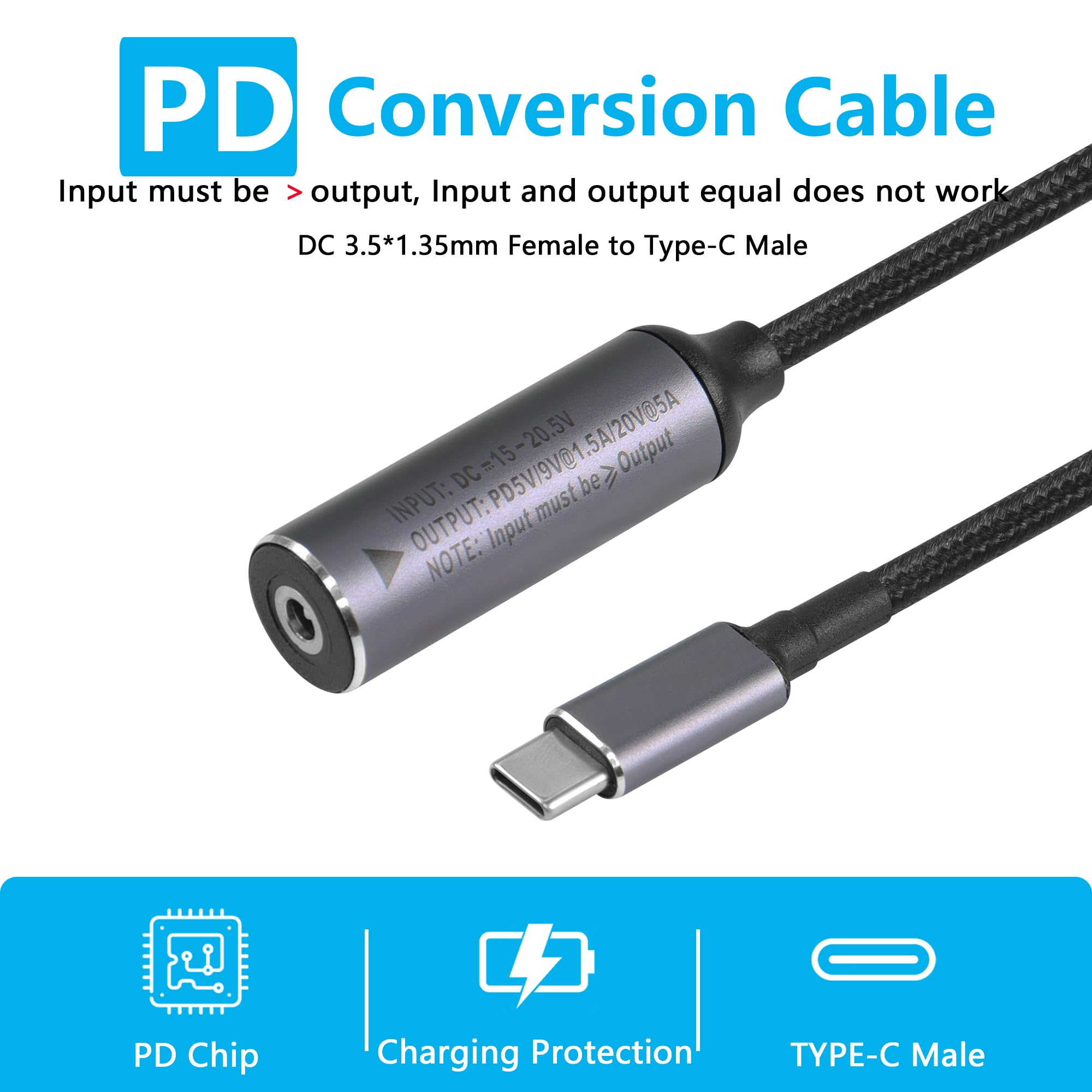 SinLoon SinLoon PD 100W DC 3.5mm x 1.35mm Female to USB Type C Male Power Charging Cable for Phones Tablets Laptops with Automatic Identification Chip - View 5 of 7