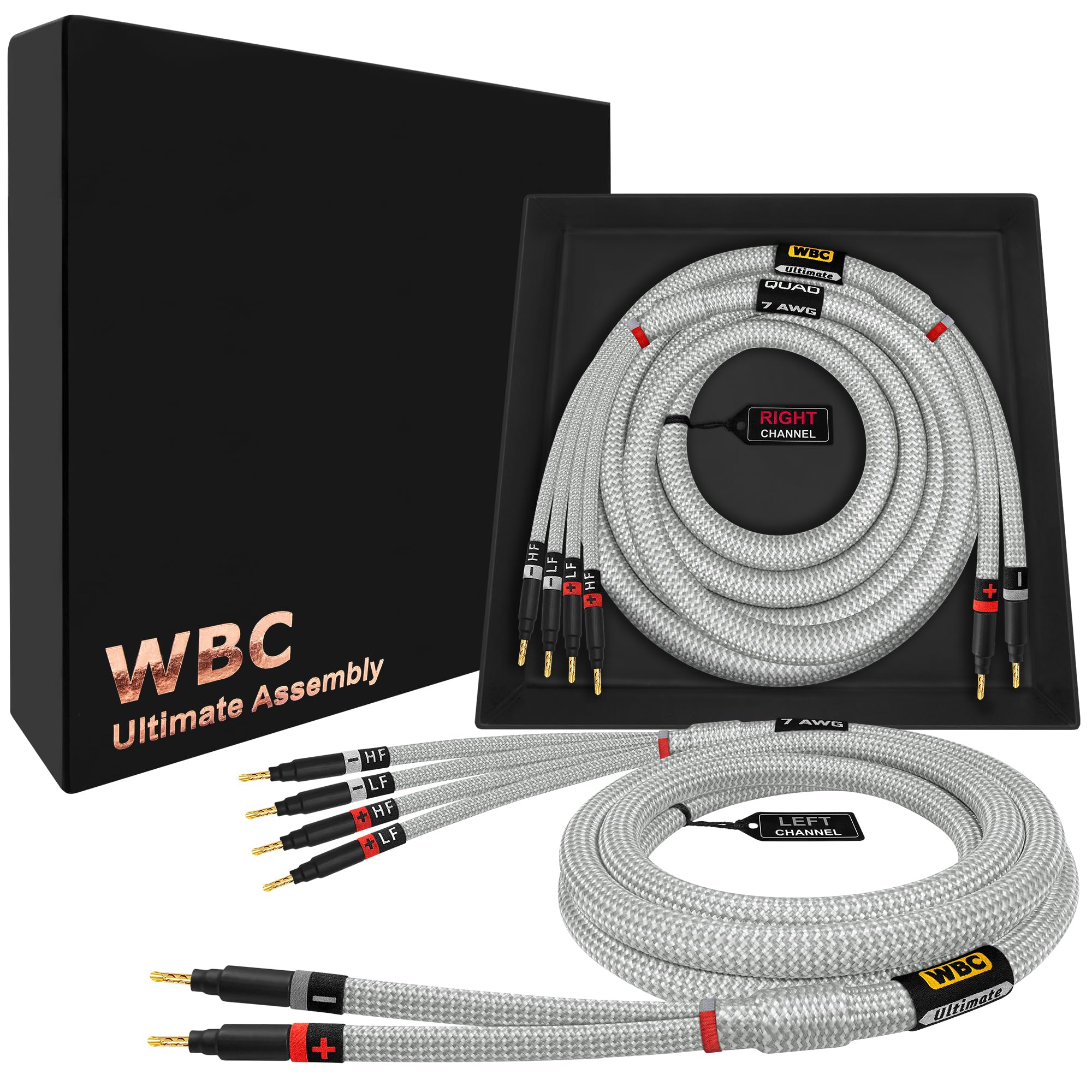 WORLDS BEST CABLES Worlds Best Cables 12 Foot Ultimate 7 AWG Ultra Pure OFC Audiophile Bi Wire Speaker Cable Pair with Eminence Gold Banana Plugs